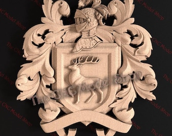 Family Crest, Coat of Arms With Stag, 3d relief STL file for CNC router / engraving or 3D printing