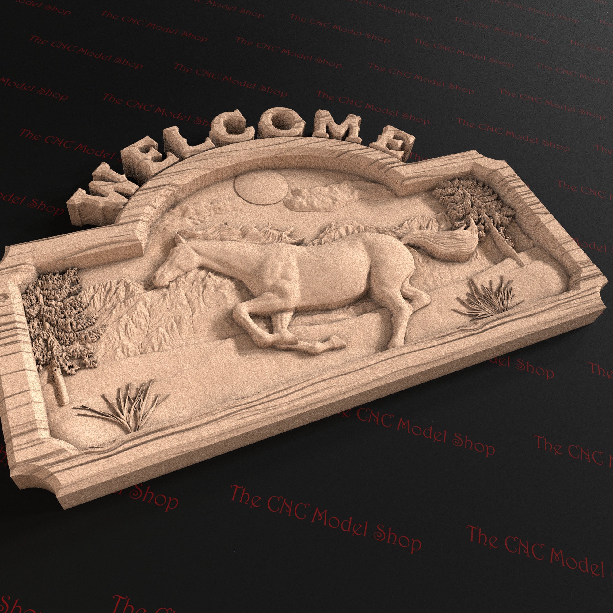 3D Relief STL File of a Welcome Sign Featuring a Running Horse for CNC ...