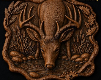 Whitetail Buck Drinking at Forest Stream 3D Relief STL File for CNC Router Carving or 3D Resin Printing, Wildlife Wall Art Model