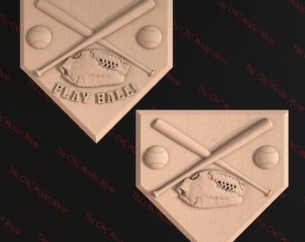2 pcs, Baseball Play Ball Sign, 3d stl relief CNC router file for cnc carving, engraving or 3D printing