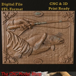 Fly Fishing Trout Catch 3D Relief STL File for CNC Router Carving or 3D Resin Printing, Angler Fisherman Fishing Cabin Wall Decor