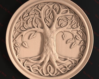 May include: A circular wooden carving of a tree of life with intricate details. The tree has a thick trunk, branches with leaves, and roots that intertwine.