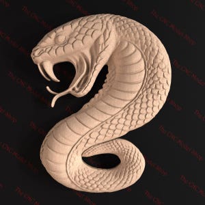 Coiled Cobra Snake 3D STL Relief File for CNC Router Carving or 3D Resin Printing - Striking Wildlife Wall Art