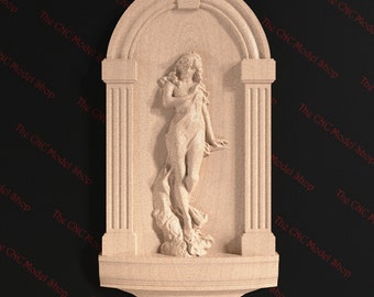 May include: A wooden wall decor with a carved relief of a woman in a flowing robe. The decor is in a rectangular frame with a rounded top and features decorative columns on the sides.