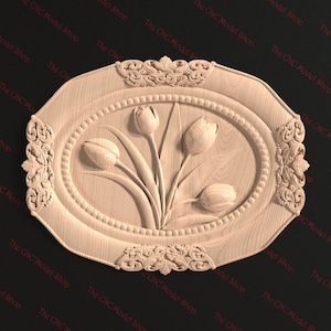 3D STL-reliëfbestand van een bloemmotief in frame voor CNC-routersnijden