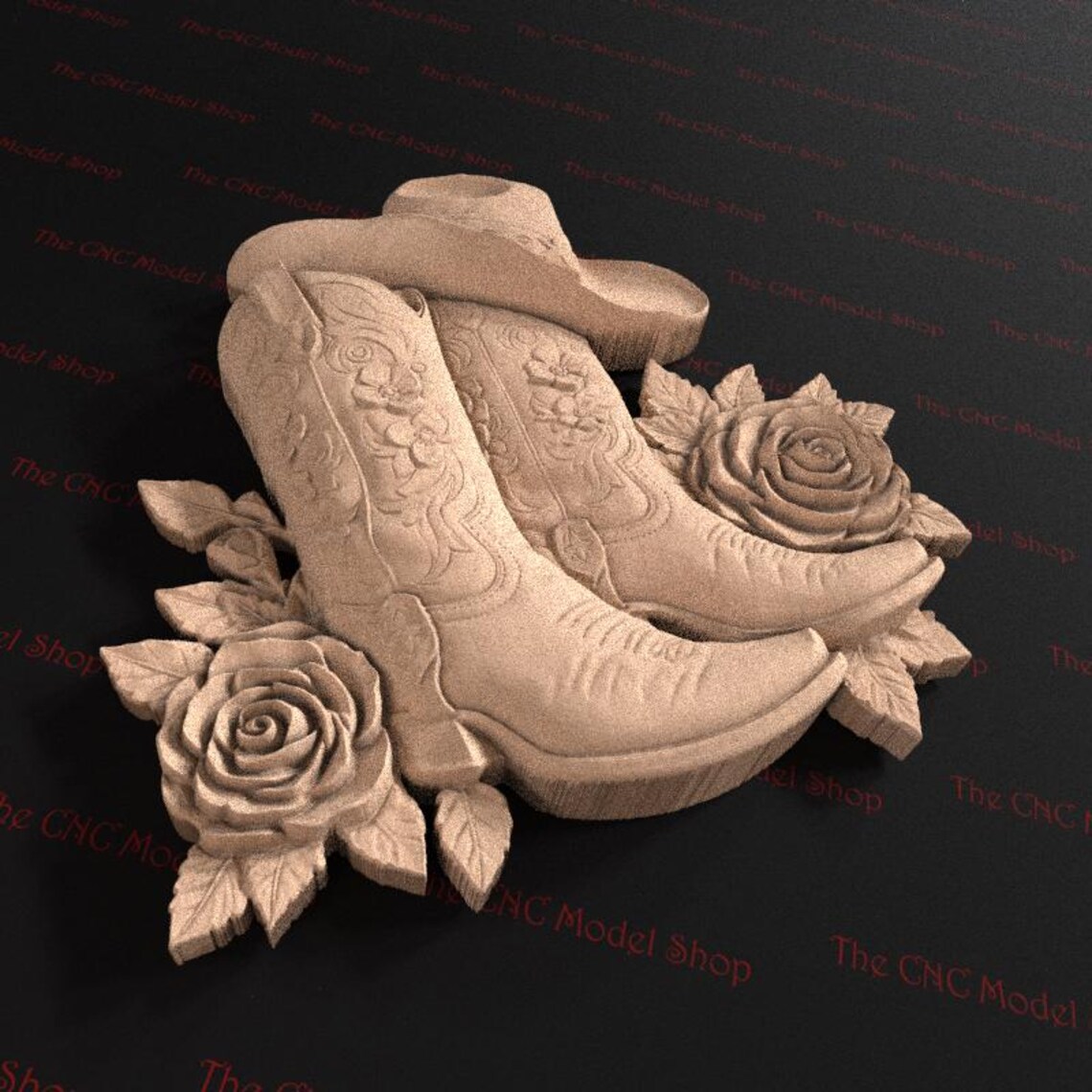 Cnc Router Hat Cowboy Boots Hat and Roses 3D Relief STL File for CNC Router Carving or ...