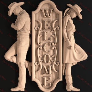 May include: A wooden sign with the word "WELCOME" carved in a decorative font. The sign is flanked by two figures, a man and a woman, both dressed in cowboy attire. The figures are carved in a realistic style and appear to be leaning against the sign.