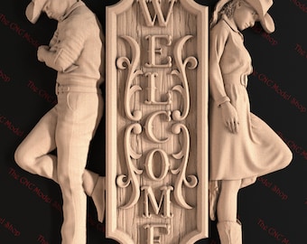 Archivo STL en relieve 3D de un cartel de bienvenida con un vaquero y una vaquera inclinados para tallado con fresadora CNC