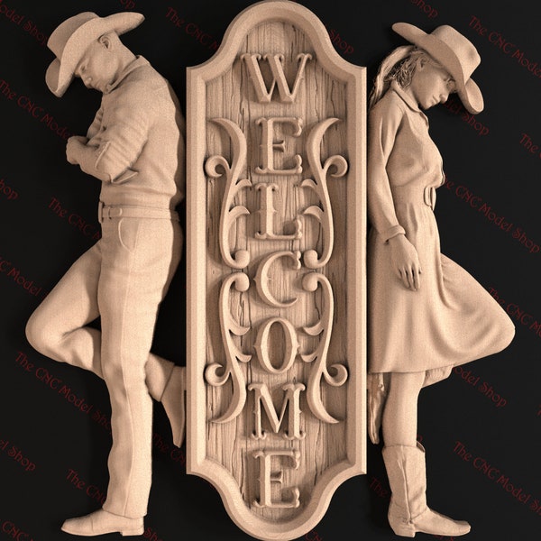 3D Relief STL file of a Welcome Sign with Cowboy and Cowgirl Leaning for CNC router carving