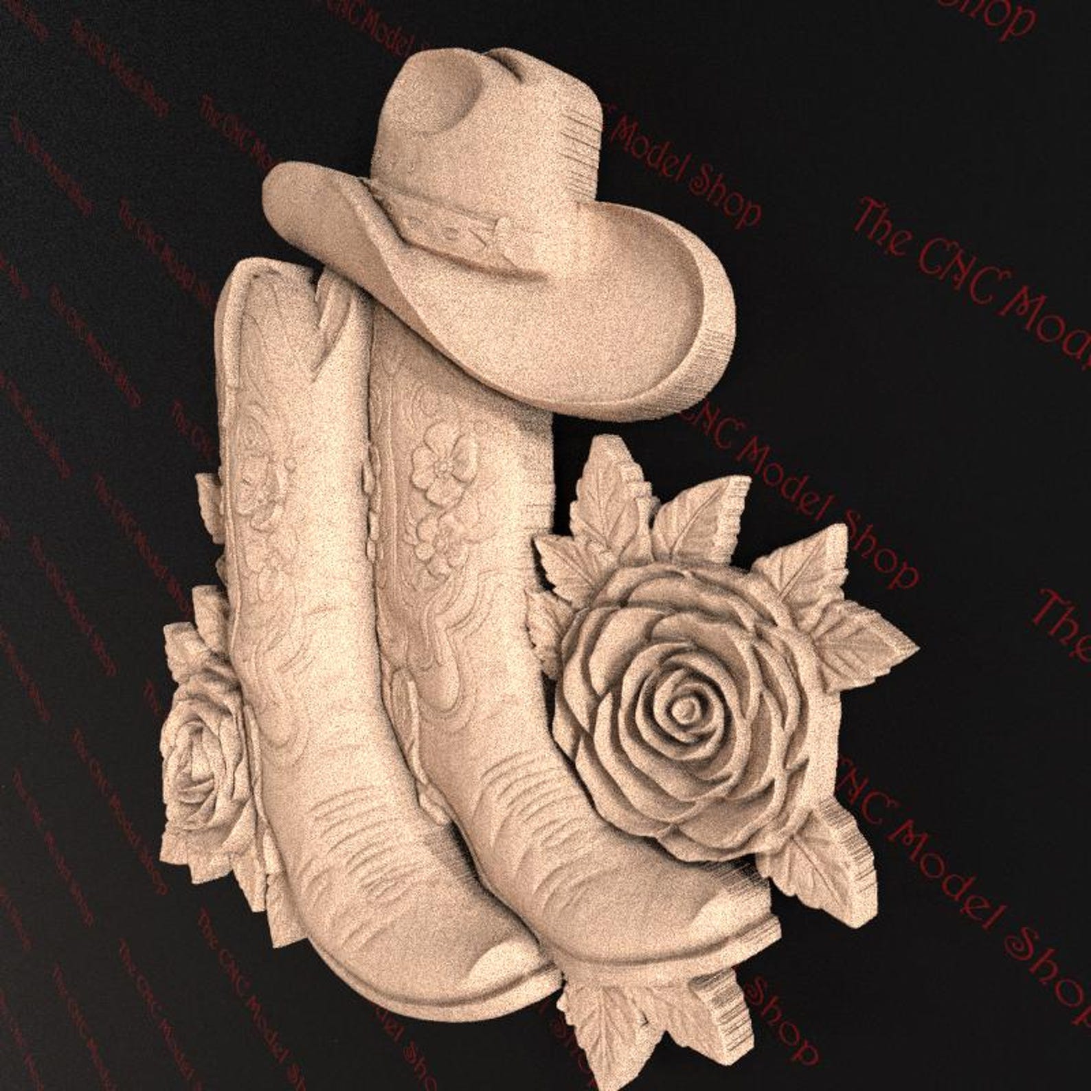 Cnc Router Hat Cowboy Boots Hat and Roses 3D Relief STL File for CNC Router Carving or ...