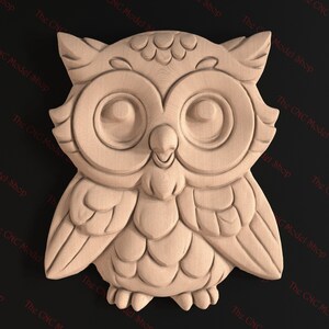 May include: A wooden owl carving with large eyes and detailed feathers. The owl is carved in a light brown color and has a whimsical expression.