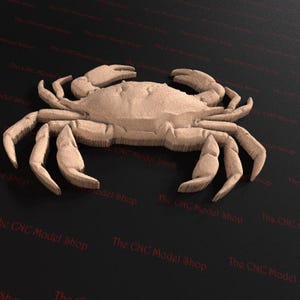 May include: A detailed, three-dimensional wooden carving of a crab. The crab is light brown and has a textured surface. The carving is set against a black background.