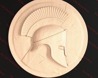 Spartan Helmet on Shield wall art, 3d stl relief file for cnc router carving, engraving