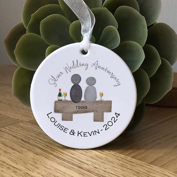 Silver wedding Anniversary gift, Personalised Bauble, 25th Wedding Anniversary, Wedding Anniversay ornament for 25 years married - Pebble