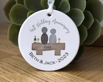 1st wedding anniversary gift, Wedding bauble, Personalised first wedding anniversary ornament, Gift for couples, Family keepsake- Pebble Art