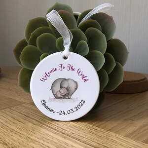 Welcome To The World Baby Ornament  Personalised with name & Date New Baby Decoration - Baby Keepsake - Baby Gift Elephant Pink