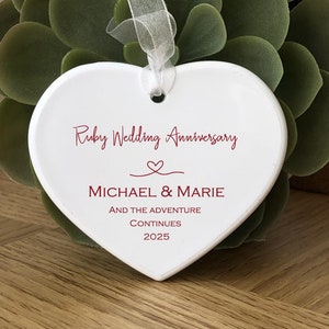 Ruby wedding Anniversary bauble personalised with names keepsake tag Gift Heart Ornament Decoration, 40 years married the story continues