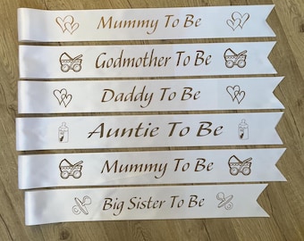 Baby Shower Sash Mummy To Be Gender Reveal Nanny Auntie Big Sister Custom baby shower gift White Sash with Gold Text Can be personalised