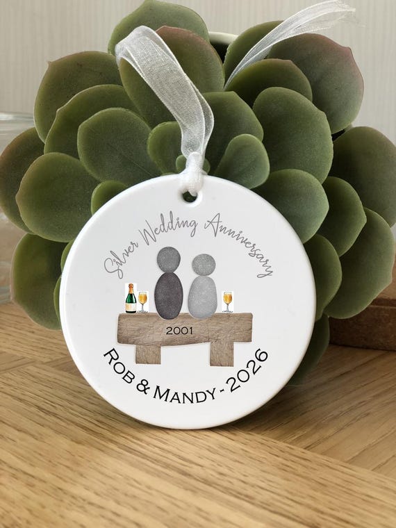 Silver wedding Anniversary gift, Personalised Bauble, 25th Wedding Anniversary, Wedding Anniversay ornament for 25 years married - Pebble