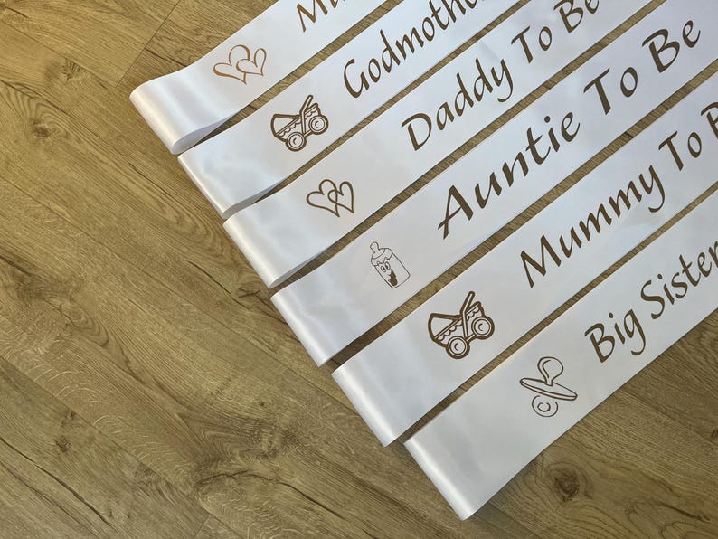 Baby Shower Sash Mummy To Be Gender Reveal Nanny Auntie Big Sister Custom baby shower gift White Sash with Gold Text Can be personalised image 4