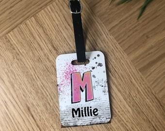 School Bag Tag, Suite case Luggage tag, Childrens name tag, Personalised Identification,  with name & initial - Graffiti