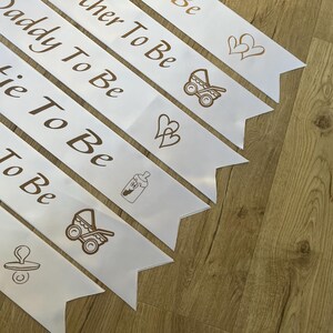 Baby Shower Sash Mummy To Be Gender Reveal Nanny Auntie Big Sister Custom baby shower gift White Sash with Gold Text Can be personalised image 5