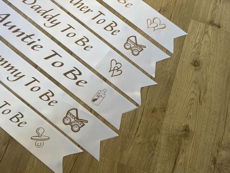 Baby Shower Sash Mummy To Be Gender Reveal Nanny Auntie Big Sister Custom baby shower gift White Sash with Gold Text Can be personalised image 5
