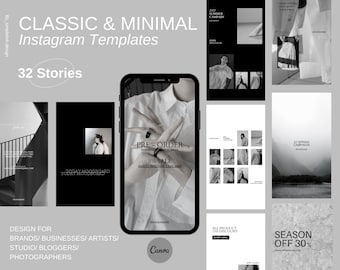 May include: A set of 32 black and white Instagram story templates for brands, businesses, artists, studios, bloggers, and photographers. The templates feature a minimalist design with text overlays such as "Pre-Order", "5% Sale", "All Product 15% Discount", and "Season Off 30%".
