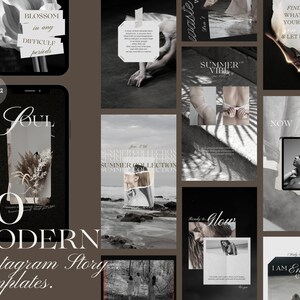 May include: A set of 40 modern Instagram story templates in black and white with various text overlays and images. The text includes phrases like "blossom in any difficult periods", "summer vibe", "ready to glow", "now or never", and "I am endlessly creating myself".