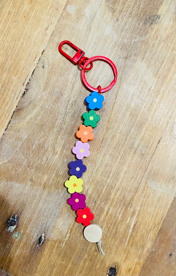 Flower Power Wooden Bead Keychain Beaded Keychain Colorful Etsy
