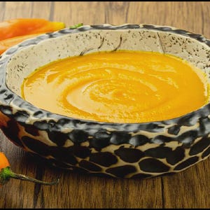 Może przedstawiać: Miska z żółto-pomarańczowym sosem z dekoracyjnym brzegiem, otoczona kilkoma pomarańczowymi papryczkami chili z zielonymi łodygami. Miska i papryczki spoczywają na drewnianej powierzchni, tworząc rustykalną prezentację potraw.