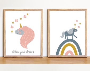 Unicorn print, Rainbow Bedroom Wall Art,  Set of Two, Baby Decor, Kid's Bedroom, Pink Printable Wall Art, Nursery Decor, Instant Download