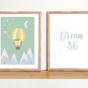 Animal Nursery print, Dream Big, Lion Nursery Wall Art,Nursery Decor, Hot Air Balloon, Printable Wall Art, Set of Two Digital Download