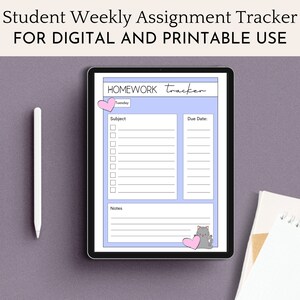 Cute Kawaii Cat Student Weekly Homework Tracker Printable | Digital Student Planner | Digital template for High School Student