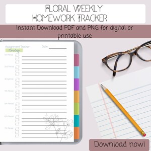 Puede incluir: Un planificador semanal de tareas floral imprimible con un diseño floral y un divisor con pestañas. El planificador tiene espacio para siete períodos y una sección de fecha. El texto "¡Descargar ahora!" está en la parte inferior de la página.