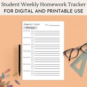 May include: A black and white printable student weekly homework tracker with a checklist for each school period. The tracker is titled "Assignment Tracker" and "Monday".