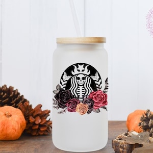 Spooky, 16 Ounce Glass, Libbey Glass Can, Beer Can, Sublimation, Coffee Glass, Gift, Custom, Straw, Bamboo Lid, Halloween, Floral, Boho