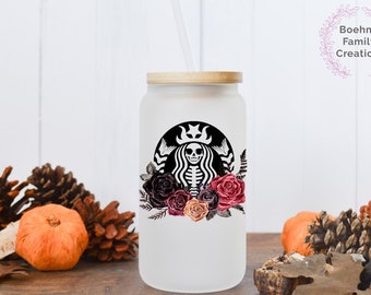 Glazen blikje met spookachtig bloemenskelet: Halloween-koffieglas met bamboedeksel