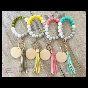 Marble, Wristlet, Keychain, Beaded, Silicone Beads, Leather Tassel, Wood, Pendant, Customize, Key Ring, Design, Always Exhausted, Sayings