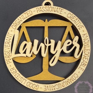 Lawyer Ornament, Gift for Attorney, Appreciation Gift, Personalized Gift, Law, Car Charm, Wood Decor, Scales Of Justice, Occupation, Court