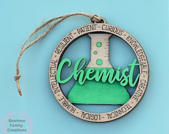 Chemist Ornament, Double Layered, Lab, Beaker, Flask, Gloves, Medical, Science, Appreciation Gift, Wood Décor, Car Charm, Personalized