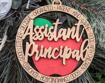 Assistant Principal Ornament, Personalized Gift, Principal Helper, School, Education, Apple, Wood Decor, Car Charm, Christmas