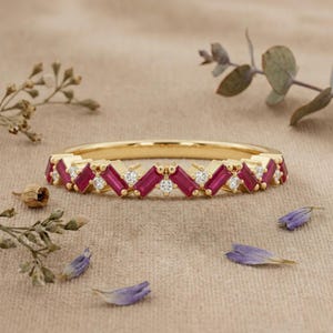 Lab Grown Diamond Ruby Chevron Wedding Band, Baguette Ruby Stackable Ring, 14K Gold Anniversary Ring for Her