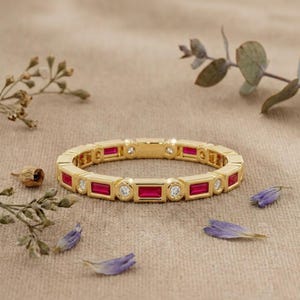 Lab Grown Diamond & Ruby Eternity Ring, Bezel Baguette Wedding Band, IGI Certified Gold Anniversary Ring Gift for Her
