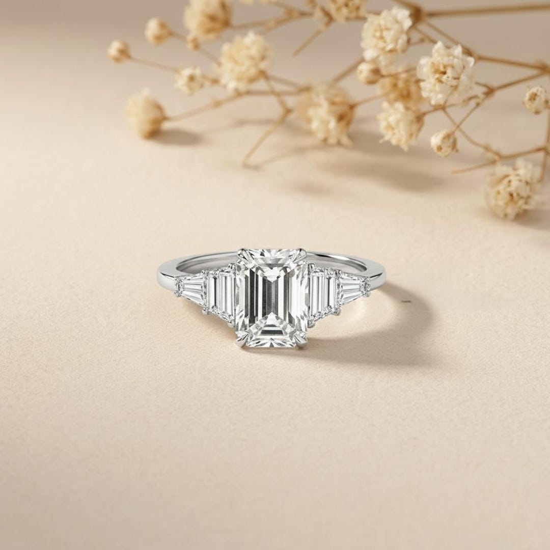 Lab Grown Diamond Emerald Cut Engagement Ring, 3 Stone Baguette Ring ...