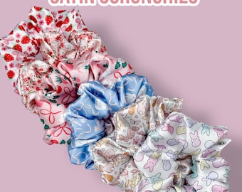 Satin Scrunchies Collection | Pick One or More! | 5" Durable & Cute Hair Scrunchies | Easter Bunnies And Fruit Prints | Made with Satin