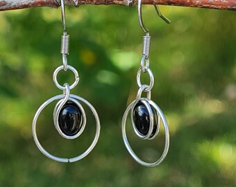 Boucle d'oreilles cercles minimaliste onxy noir argenté (acier inox)