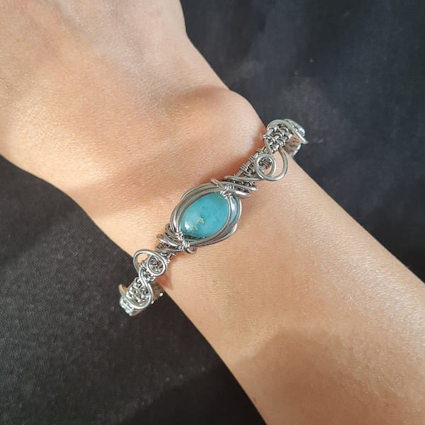 Bracelet rigide, jonc larimar bleu et acier inox argenté, réglable, style bohémien, pour homme et femme