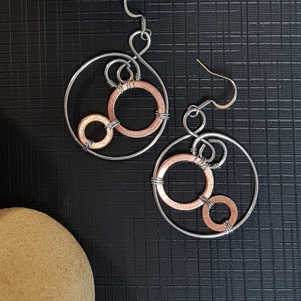 Boucle d'oreilles cercle, métal mixte acier inox, cuivre, géométrie, bohémien