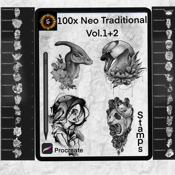 100 Neo Traditional Tattoo Stamp Pack Vol. 1+2 | IPad | Procreate | Neo Tattoo | Traditional | Brushes